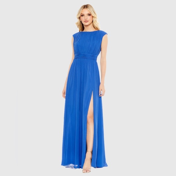 Mac Duggal 55863 NWT Blue Pleated Bateau Cap Sleeve A Line Gown - Picture 1 of 6